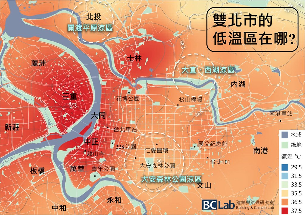 台北盆地氣溫分布圖，2022年7月21日12時。