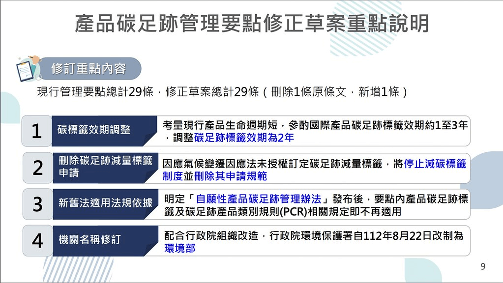 <圖 / 擷取自「行政院環境保護署推動產品碳足跡管理要點」修正草案研商會議簡報。>